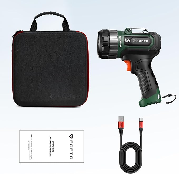 FORTO Compact Rechargeable Spotlight with Adjustable Focus, Handheld Spot Light with Stand, 823m Range, 3 Light Modes and LED Spot Lights Outdoor for Boating Hunting Camping Hiking