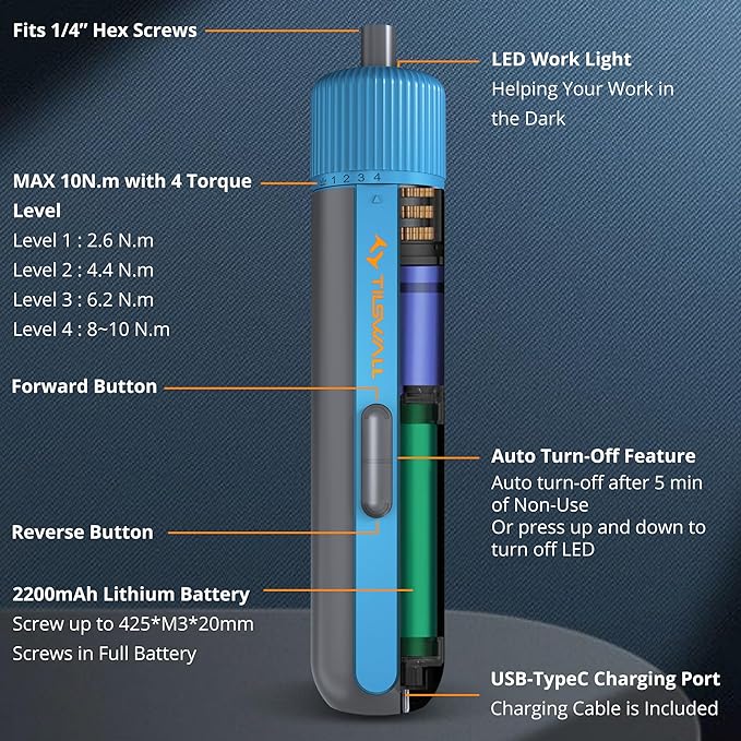 Tilswall 4V Cordless Electric Screwdriver 25pc S2 Steel Bits,Blue Mini Power Screwdriver with 4-Level Torque Control,10N.m/260 RPM,2200mAh Battery & USB-C Charging,for DIY and Home Repairs