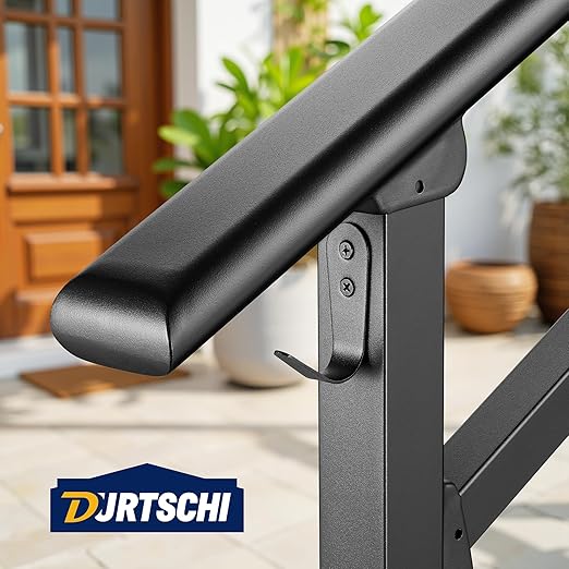 Updated Handrails for Outdoor Steps, 4-5 Steps Wrought Iron Stair Railing, Flexible Exterior Stair Railing for Concrete or Wooden Stairs, Transitional Handrails for Exterior Step with Installation Kit