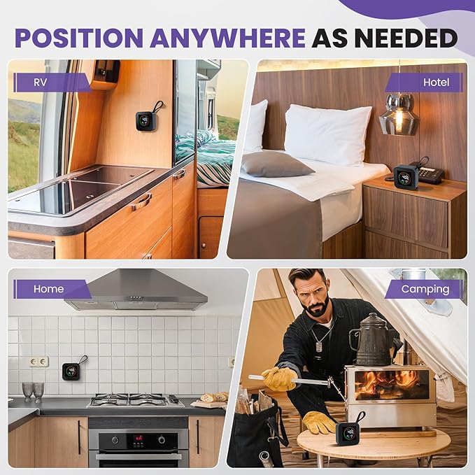 Portable Carbon Monoxide Detector for Travel & Home‌ | UL-Compliant ‌CO Detector‌ Temperature/Humidity Sensor, Rechargeable ‌Battery Powered CO Detector‌ for Camping, RV, Hotel (1, Gray)