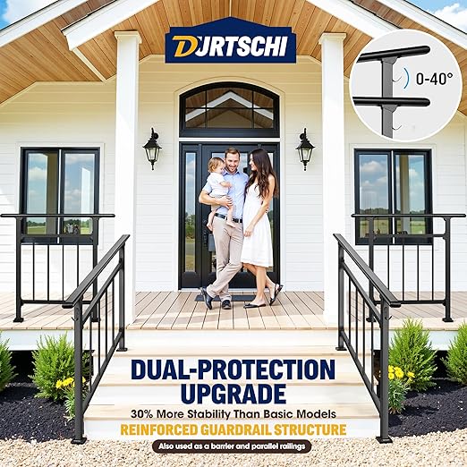 Updated Handrails for Outdoor Steps, 2-3 Steps Wrought Iron Stair Railing with Fence, Flexible Exterior Hand Railing for Concrete or Wooden Stairs, Black Transitional Handrails with Installation Kit