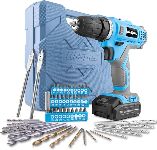 Hi-Spec Cordless Drill Set 50pc 12V Electric Power Driver in a Toolbox Case. Includes Rechargeable Battery, Power Screwdriver Bits, Wood, Metal, and Masonry Drill Bit Set Accessories