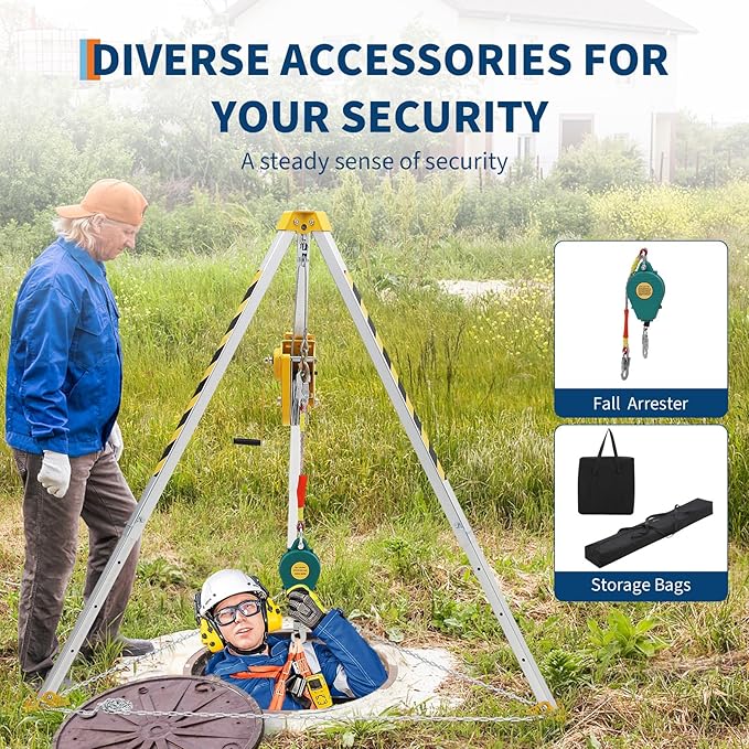 Confined Space Tripod Kit, 1200 lbs Winch, 7' Legs & 98' Cable, Steel Confined Space Rescue Tripod with 33' Fall Protection, Storage Bag for Traditional Confined Spaces Safety