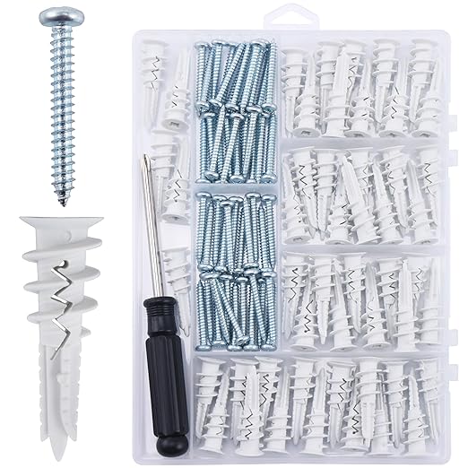 100PCS Self Drilling Drywall Anchors and #8 Screws, Wall Anchors for Drywall Heavy Duty Holds Upto 75LB, No Pre Drill Hole Required, Dry Wall Screws and Anchors Kit and Screwdriver