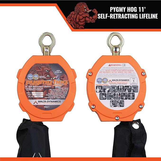 Malta Dynamics Pygmy Hog 11-Foot Self-Retracting Lifeline (SRL) – OSHA & ANSI Compliant Fall Protection Retractable Lanyard with Rebar Hook – Class 1-P, Lightweight, Durable, 310 Pound Capacity