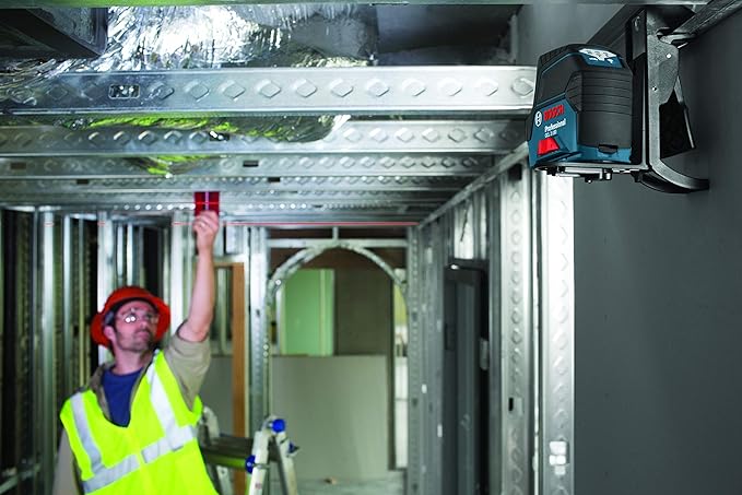 BOSCH GCL 2-160 65 Ft Self-Leveling Cross-Line Laser with Plumb Points, Includes Magnetic Rotating Mount, Ceiling Grid Clip, Laser Target Plate, 3 AA Batteries, & Hard Carrying Case