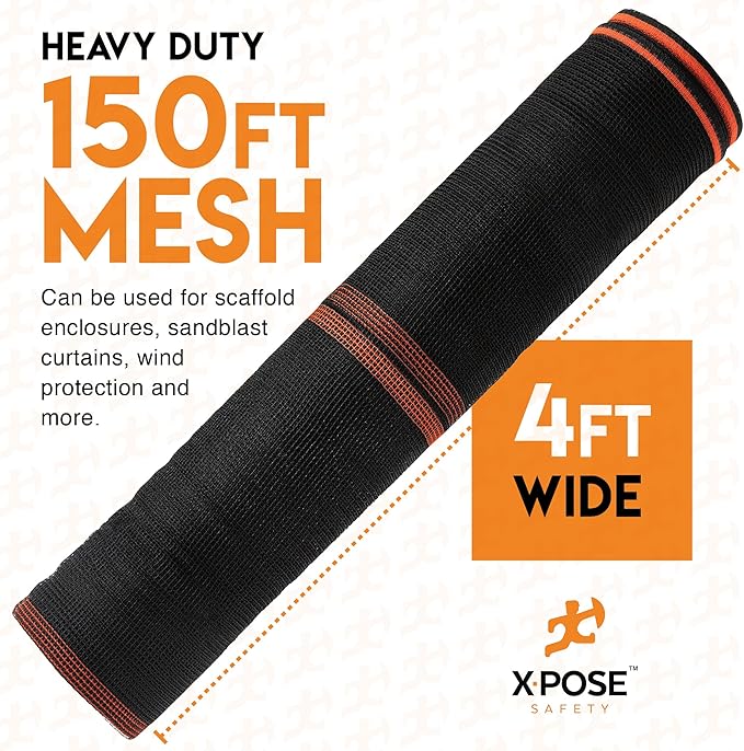 Construction Safety Debris Netting - 150 Ft Temporary Material Roll, 1/4" Mesh Scaffold Net Enclosure, Barricade, Visibility Barrier, Fencing Roll, Heavy Duty Fire Retardant 4 ft x 150 ft, Black