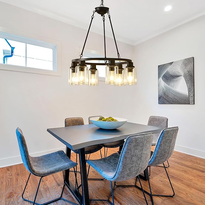 24“ Black Wagon Wheel Chandelier, 6-Light Farmhouse Glass Pendant Lights Kitchen Island Round Hanging Lighting fixtures Ceiling for Living Room, Dining Room, Kitchen Island, Entryway, Foyer