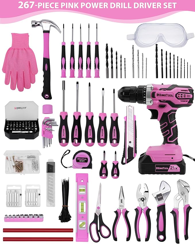 KingTool 267-Piece Tool Kit Set - Pink Tool Set with 21V Crodless Pink Power Drill Driver, Tool kit for Women with Pink Tool Storage Bag, Womens Tool Kit for House, Perfect for Home DIY Projects