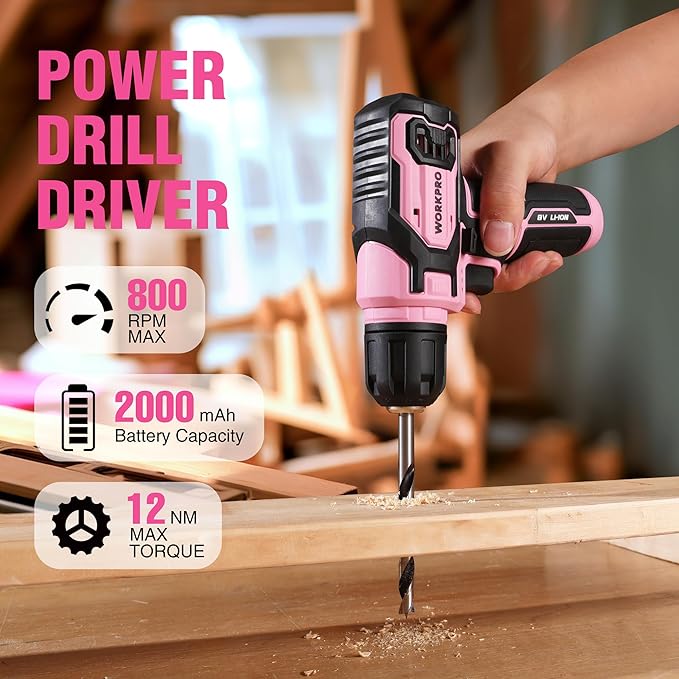 WORKPRO Pink Power Drill Set and Stackable Tool Box, 8V Cordless Drill Driver with Bit Set, 2.0Ah Electric Cordless Screwdriver Kit with 3/8" Keyless Chuck, For Home DIY- Pink Ribbon