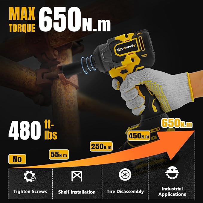 Cordless Impact Wrench 480 Ft-lbs(650N.m) High Torque 1/2 Inch, 3300RPM Brushless Electric Impact Gun, 2 * 4.0Ah Battery 4 Sockets 19 Drill Bits, 3 In 1 Impact Wrench for Car Home DIY