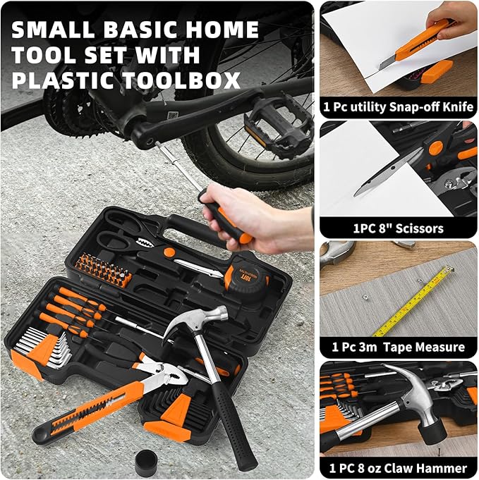 58-Piece Tool Kit Basic Home Repair Tool Set, General Household Hand Tool Kit,Small Tool Kit with Plastic Toolbox Mini Tool kit for Women, Office & College Repairs Orange