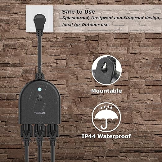 Outdoor Smart Plug Waterproof, TESSAN WiFi Smart Outlet Switch with 3 Individual Sockets Compatible with Alexa Google Home, Remote Control and Timer Function, 2.4GHz Wi-Fi Only