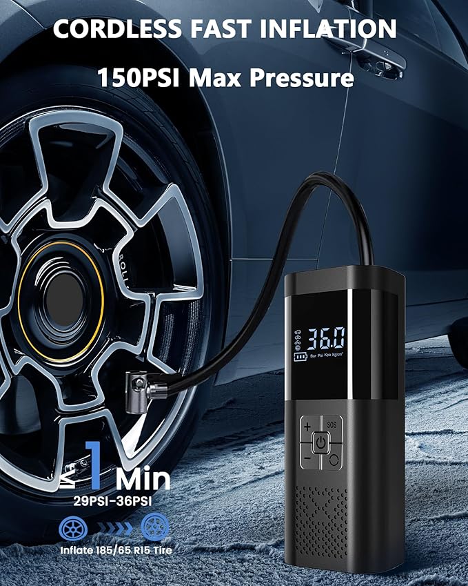 Tire Inflator Portable Tire Compressor, Cordless Tire Inflator with LED Light for Car Motorcycle Bicycle Ball, Car Accessories Essential for Men, 150PSI 12V DC Air Tire Pump with Gauge