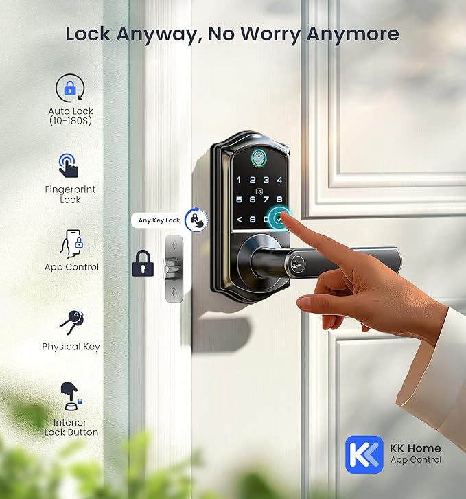Veise VE019 Fingerprint Smart Lever Lock - APP Control, Keypad Door Lock with Handle, Keyless Entry for Front Door and Bedroom, Electronic Digital Knob, Remote Grant, IP55 Weatherproof, Matte Black