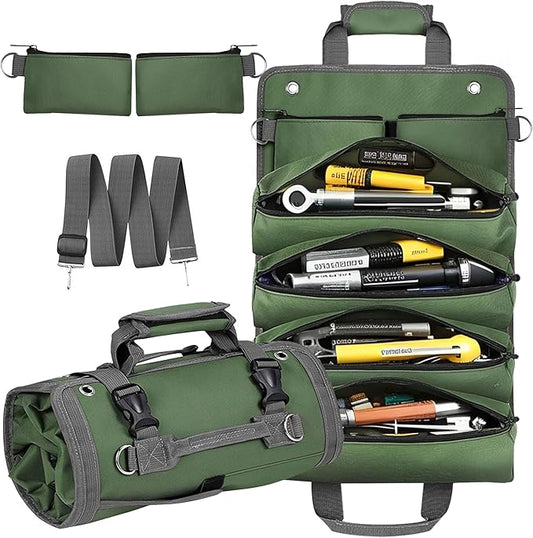 Roll Up Tool Bag Organizer, Tool Bags for Men, Tool Roll Bag with 2 Detachable Zipper Pouches, Heavy Duty Tool Bag for Dad Birthday, Father’s Day Gifts, Handyman or RV Owners (Green)
