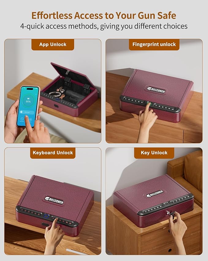 BILLCONCH Gun Safe for Handgun - Biometric Pistol Safe 4 Ways Quick Access with Fingerprint/Full-digital Keypad/Key/APP Lock and Security Cable for Nightstand Bedside Home - Burgundy Red