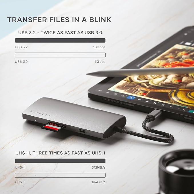 Satechi 8 in 1 USB C Hub Multiport Adapter V3, 8K HDMI, 100W Charging, 4 USB Data Ports, Ethernet, SD Card Reader, for Laptop, for Mac/Windows, MacBook Pro/Air M4/M3/M2/M1, iPad, iPhone 16, Space Gray