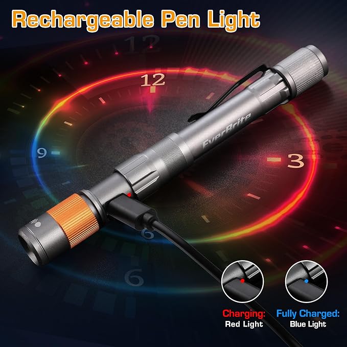EverBrite Rechargeable Pen Light, 300 Lumens EDC Flashlight, Zoomable LED Pocket Flashlight with Clip, Memory Function and USB C Cable Included, for Camping, Emergency, Grey