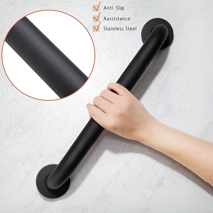 Shower Grab Bar, 2 Pack 24 Inch Black Bathroom Grab Bar, 1.25" Diameter 304 Stainless Steel Anti-Slip Grab Bars for Bathtubs and Showers, Handicap Shower Grab Bar for Seniors Elderly