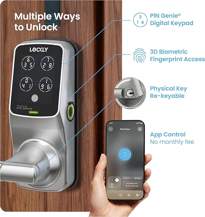 Lockly Secure Pro Smart Lock Wi-Fi, Keyless Entry Digital Keypad Door Lock, 3D Biometric Fingerprint Sensor Front Door with Handle, Voice Control & Auto Lock - Latch Edition