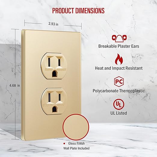 ENERLITES Elite Series Duplex Receptacle with Screwless Wall Plate, Residential Grade Duplex Outlet, Tamper-Resistant, Grounding, 15A 125V, UL Listed, 61580-TR-GDWP, Gold with Wall Plate