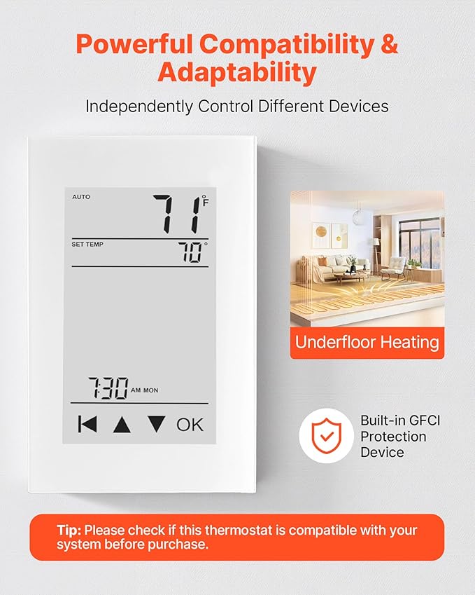 VEVOR 7-Day Programmable Thermostat, Home Thermostats for Radiant Underfloor Heating Cable, Heat Pump, with GFCI & Sensitive Sensor, LCD Touchscreen, Energy-Efficient, Gray-White (Without WiFi)