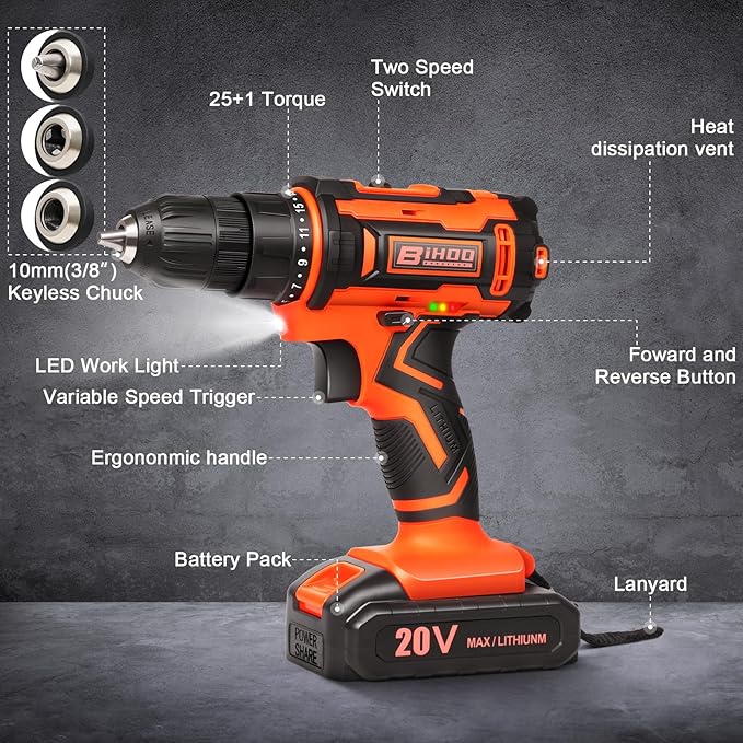 20v Drill Driver Set,Cordless Drill with Battery and Charger,LED Tools Kit,25+1 Torque Setting and 43pcs Bits