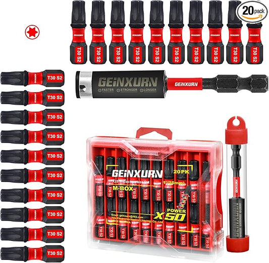 20Pieces 1 In. T30 Impact Tough Magnetic Screwdriver Bit Set, #30 Torx Head Insert Bits, S2 Alloy Steel Star Bits with 1Pc Impact Bit Holder and Storage M-Box