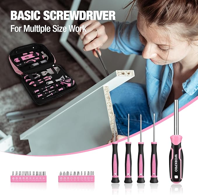 WORKPRO Pink Tool Set - 100 Pieces Pink Tool Kit with Easy Carrying Pouch, Household Tool Kit for Home, Apartment, Office, College, Perfect for DIY Projects, Home Maintenance - Pink Ribbon