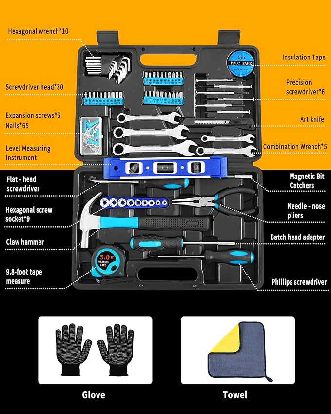 Essential Man's Small Tool Box Kit for House, New Home Toolbox Socket Wrench Set, Mini Men's Car Mechanic Pliers Hammer Toolset, Home Repair Basic Car Body Tool (Tool Kit - Blue)