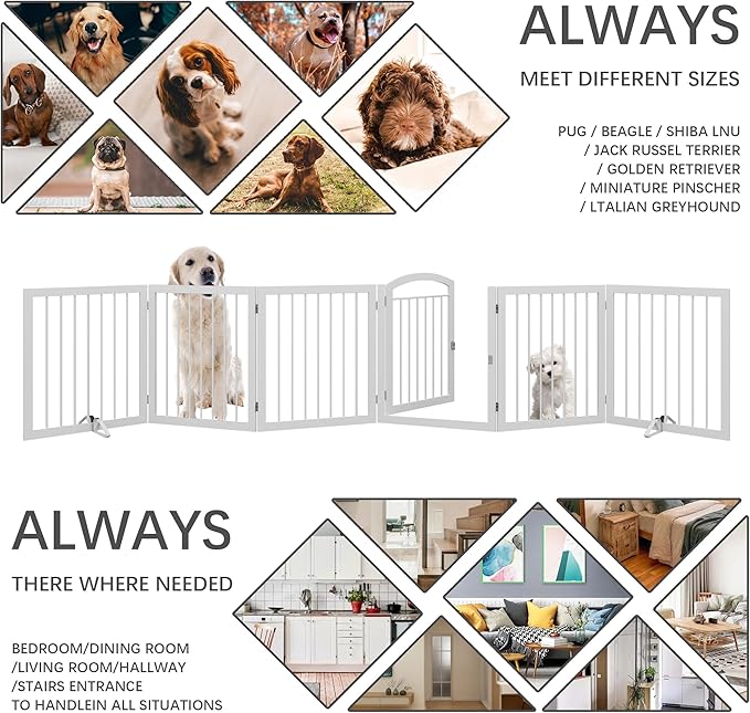 JSB 144-inch Extra Wide 30-inch Tall Dog gate with Door Walk Through, Freestanding Round Tube Pet Gate for Halls Stairs, Puppy Safety Dog Fence with 2PCS Support Feet (White)
