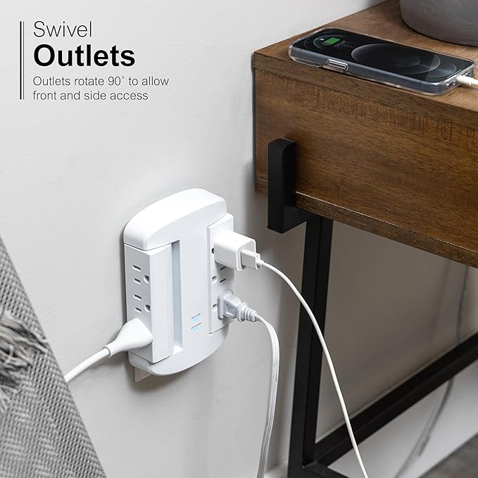 GE 6-Outlet Extender, Surge Protector, Swivel Side Access, Wall Tap Adapter, 3-Prong, 980 Joules, ETL Listed, White, 81781