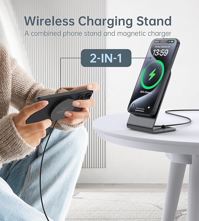 Magnetic Wireless Charger with Aluminum Charging Pad Stand Compatible with iPhone 16/15/14/13/12 Series，20W PD Charger&5ft Cable Included, Black