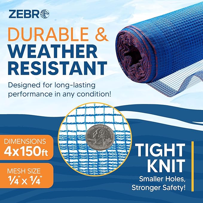 Fire Retardant Debris Safety Netting (8.6' x 150' - Blue) - High Visibility Construction & Scaffolding & Railing & Elevator Netting for Enhanced Safety - Construction Fencing