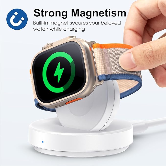 Portable Magnetic Charging Dock for Apple Watch, Wireless Fast Watch Charger Stand with Charging Cable, Support Nightstand Mode, Compatible with Apple Watch 10 9 8 7 SE 6 5 4 3 2/Ultra 2-White