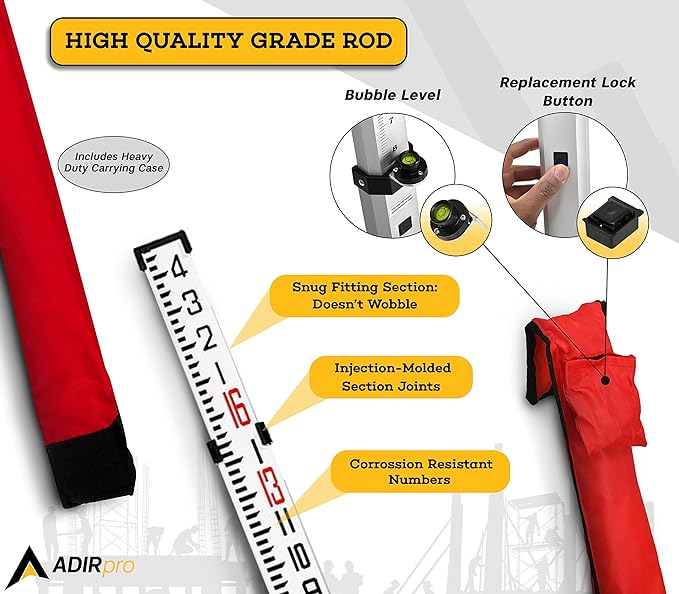 AdirPro 16-Foot Aluminum Grade Rod – 8ths, Dual Sided 5-Section Telescopic Leveling Rod – Bubble Level and Soft Carrying Case Included