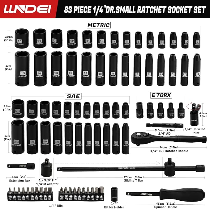 LLNDEI 1/4 inch Drive Impact Socket Set 83 Piece,Standard SAE(5/32-9/16 inch) Metric Size(4-15mm),72T Ratchet Wrench Handle,CR-V Mechanics Tool Set with Adapter,Screwdriver Bits for Automotive Repair