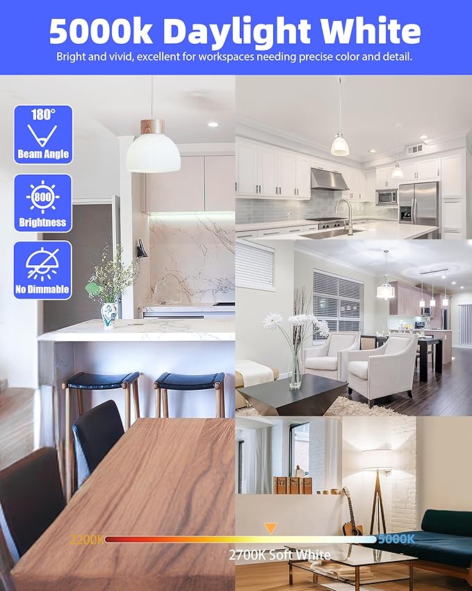 Lumiverse 60 Pack LED Light Bulbs 60W Equivalent, 9W Non-Dimmable, No Flicker, 800 Lumens, 5000K Bright Daylight White, E26 LED Bulb, 15000 Hour, Energy Efficient, Bright for Indoor Use