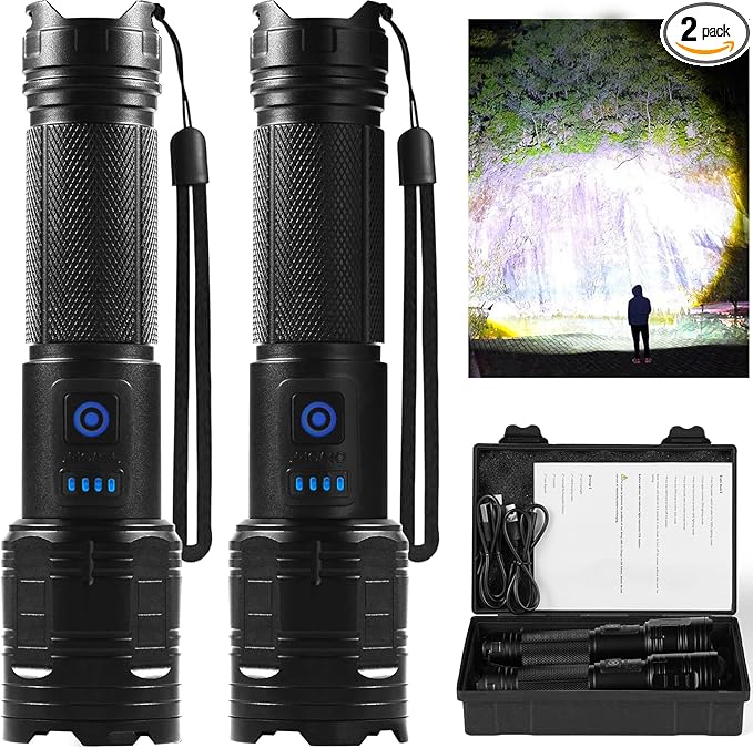 Rechargeable Flashlights 90,000 High Lumen, 2 Pack Super Bright LED Flashlight with 5 Modes, High Powered Flash Light for Home, Camping, Outdoor