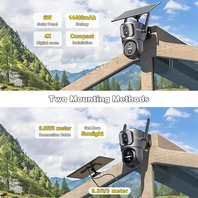 Xega 4G Cellular Security Camera【Dual Lens】 Outdoor with SIM Card, 14400mAh 2K HD Wireless Solar 4G LTE Camera, PTZ Motion Dtetection Spotlight Siren TF Cloud Storage,Only Support The Built-in SIM
