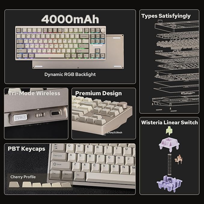 EPOMAKER P87 TKL Aluminum Wireless Gaming Keyboard, QMK/VIA Programmable, 87% Bluetooth/2.4Ghz/USB-C, with CNC Metal Knob and RGB Backlight (Khaki, Wisteria Linear Switch)