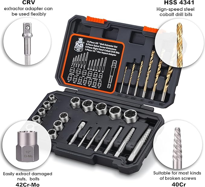 REXBETI 26-Piece Bolt Extractor Screw Extractor Set and Cobalt Drill Bit Set, Case with 13-Piece Bolt Extractor, 6-Piece HSS Drill Bit, 6-Piece Spiral Screw Extractor and 1-Piece Socket Adapter