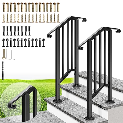 VIVOHOME 2-Pack 2 Step Galvanized Steel Hand Rails for Outdoor Steps – Curved Ends and Safety Balusters Exterior Railing for Porch, Deck, or Indoor Stairs, Complete Installation Kit