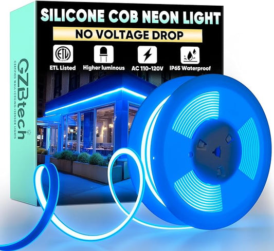 GZBtech Silicone COB Neon Rope Lights 50FT/15M, Super Bright Blue Waterproof Neon Strip Light, AC 110-120V Flexible Soft Cuttable Tape Rope Lighting for Indoor Outdoor Home Commercial