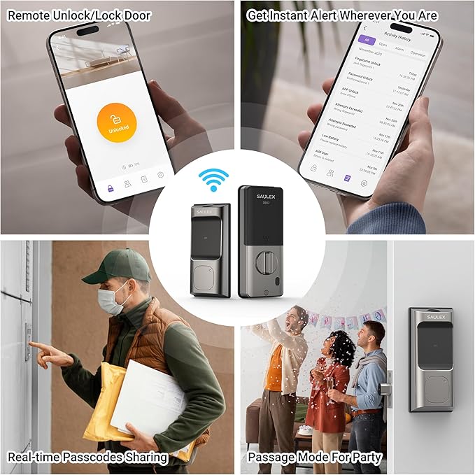 Saulex DB02 WiFi Smart Lock with Fingerprint (No Gateway Required),5-in-1 Keyless Entry Front Deadbolt, App Remote Control, Easy Installation,Auto-Lock.