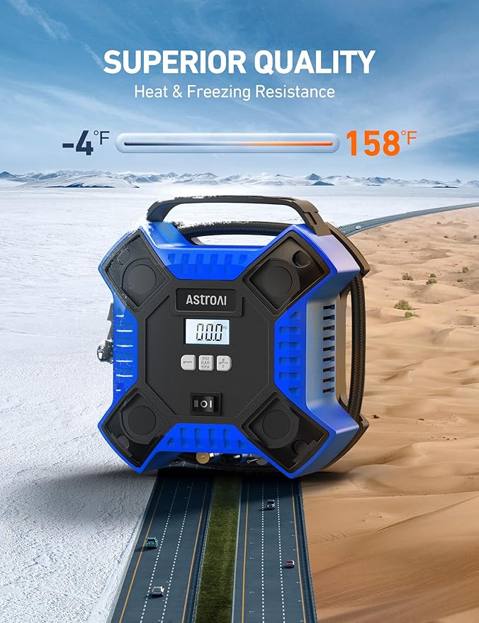 AstroAI Air Compressor Tire Inflator Portable Air Pump for Car Tires, 12V DC Integrated Metal Structure Tire Pump 160PSI with LED Light for Cars, Bicycles, Motorcycles, and Other Inflatables(Blue)