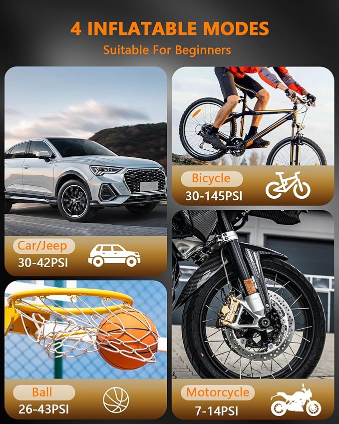 Tire Inflator Portable Air Compressor, Portable Air Pump with Pressure Gauge, Electric Tire Pump Battery 150PSI 12V DC, Cordless Tire Inflator with LED for Car Motorcycle Bicycle Ball