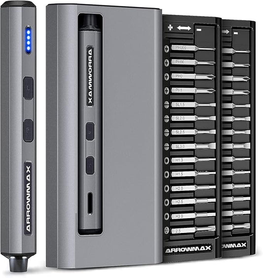 AM ARROWMAX Mini Electric Screwdriver, Precision Screwdriver Set w/ 28 Magnetic Bits, Red Dot, IF Winning Design, Rechargeable Cordless Screwdriver for Phone, Laptop, Watch, RC(SES MINI) Grey