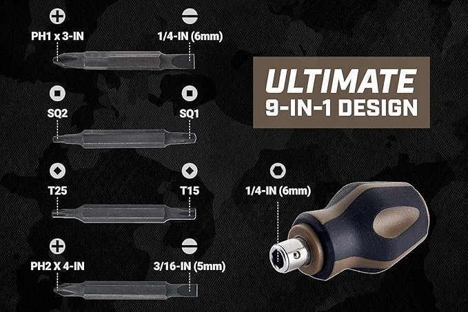 Spec Ops Tools Stubby Screwdriver, 9-in-1, Includes 4 Double-Sided S2 Steel Bits, Magnetic, 3% Donated to Veterans Black/Brown